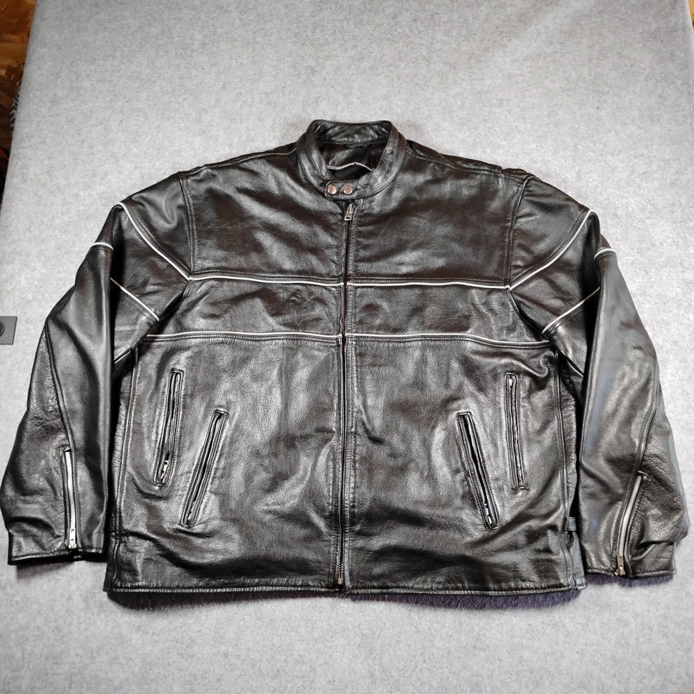Mens Black Leather Cafe Racer Motorcycle Jacket White Piping YKK Zip 2XL